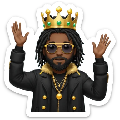 African American man with shoulder length black dreadlocks with black beard wearing  dark black sunglasses with a black bubble winter coat wearing a crown with arms raised with light around him sticker