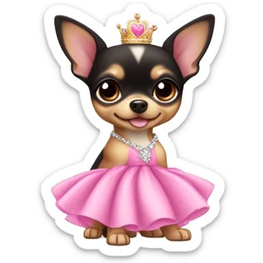 black & tan chihuahua puppy wearing a pink princess dress sticker