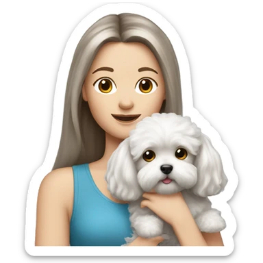 White Brunette girl long straight hair, holding a silver maltipoo sticker
