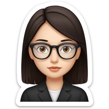 A girl with fair skin and dark brown eyes. Long, straight, dark brown hair. Black prescription glasses. sticker