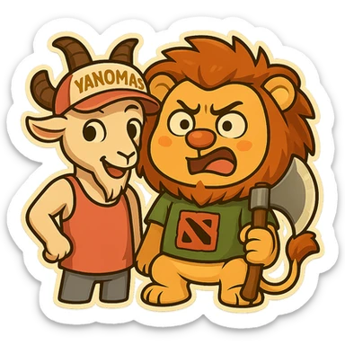 Add a humanoid goat character next to the existing subject, wearing a pink tank top and a cap with the inscription 'VANOMAS', in the style of a Telegram sticker, maintaining transparent background. sticker