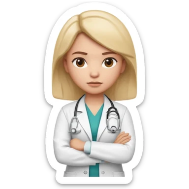 3D memoji style female doctor in medical coat, arms crossed, serious but calm expression, slightly raised eyebrow, professional look, centered, isolated, PNG, transparent background sticker
