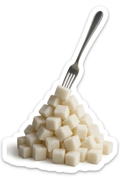 monagna di zollette di zucchero con una forchetta appizzata sopra, iperrealistico 4k sticker