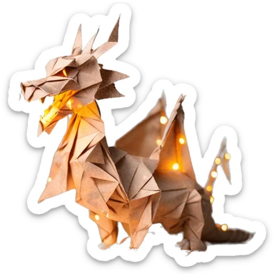 Beige Origami dragon made of newspapers on fire surrounded by fairy lights swirls covered in dried flowers bokeh library bunting floral flowers fire flames sticker