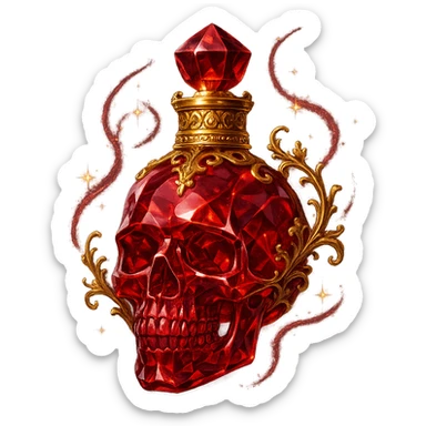 very luxurious crystal skull-shaped elixir bottle, red, very small golden collar, lots of shine, edges, ornaments, golden details, magical effects, transparent background, clearly hanging in the air, no base or shadow, premium class, matching the collection sticker