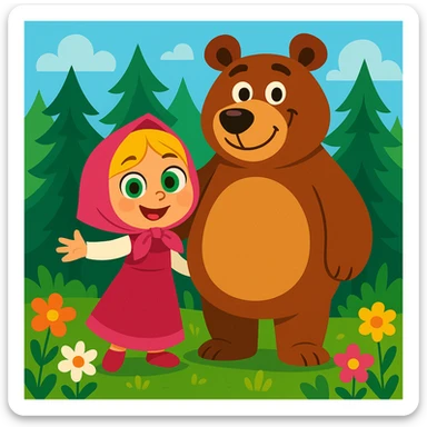 cartoon of a happy blonde girl in a pink dress and headscarf, with big green eyes, standing beside a gentle, round-bellied brown bear, both smiling in a lush pine forest with colorful flowers, bright lighting, clean background sticker