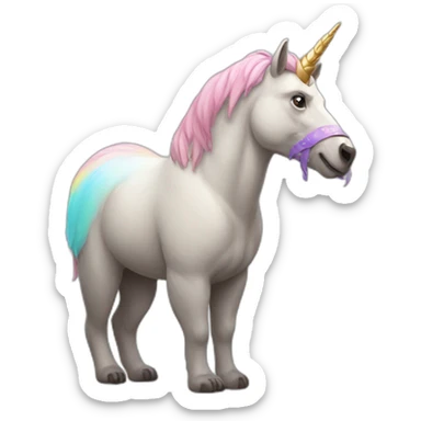 a bear with horse body wearing a unicorn horn sticker
