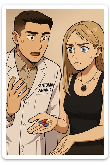 fai un webtoon/manga a colori con questo kinesiologo in camice bianco (fagli la scritta "ANTONIO ANANIA" SUL CAMICE) CHE PARLA CON QUESTA RAGAZZA CON GLI OCCHI AZZURRI. LA RAGAZZA HA UN PUGNO DI INTEGRATORI IN MANO (TANTE PILLOLE DIVERSE) E LE GUARDA DUBBIOSA. IL KINESIOLOGO CON IL CAMICE BIANCO LE DOMANDA UNA COSA SCIOCCATO. NON FARE I FUMETTI, FAI SOLO LORO COME SE DIALOGASSERO sticker