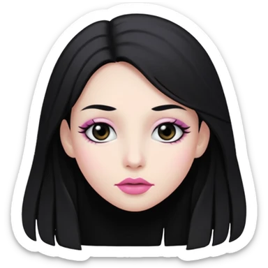 hair long black normal hair with black eyes, and white skin, white pinkish lip  sticker