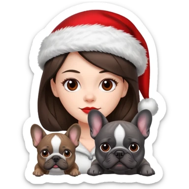 brunette woman with a dark grey French bulldog both wearing Santa sticker