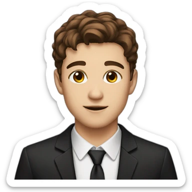 young man with brown hair and brown eyes and a black suit sticker