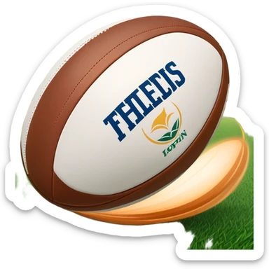 Cinematic Realistic image of a rugby ball in mid-action, with dynamic motion blur and finely rendered leather textures, set against a sunlit, energetic field that underscores its robust athleticism sticker