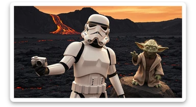 Starwars stormtroopers vlogging selfie, he is walking on lava planet with yoda sticker