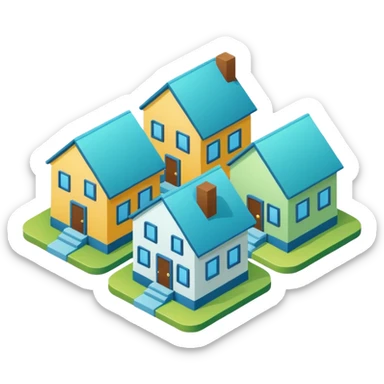 group of 3 houses representing neighborhood isometric houses on transparent background similar in style to the iphone icons houses should be colored in blue and green details sticker