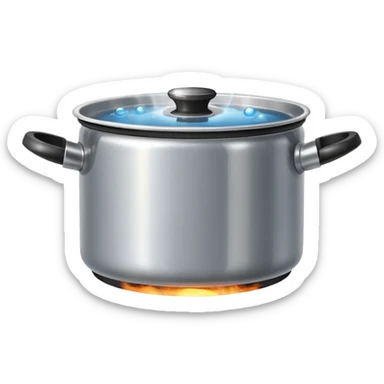 small metal pot filled with boiling water on a stove, visible hot steam and rising bubbles, realistic heat effect, shiny pot surface, bright lighting, clean white background sticker