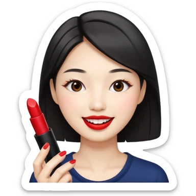 Korean woman applying lipstick, smiling face sticker