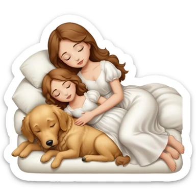 a girl with brown hair, light skin, and wear a white dress sleep on a golden retriever dog sticker