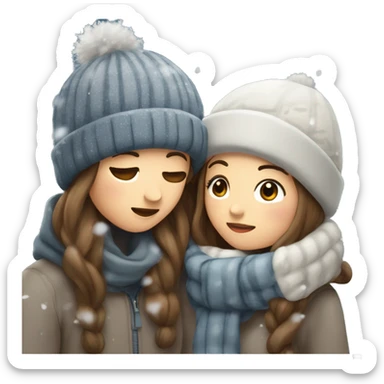 cute couple kissing under the snow in winter clothes, the girl has long brown hair sticker