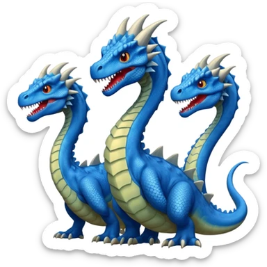 blue hydra, strong reptilian body, like a dinosaure, not like a snake, dragon characteristics,  with 3 heads rising from its neck sticker