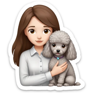A girl with long straight hair and a white shirt hugs a small light gray poodle sticker