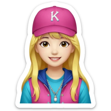 Portrait of a female K-pop idol, wearing a stylish streetwear outfit with layered colorful clothing, long hair with bangs, makeup,  sticker