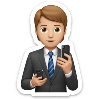 Un hombre con poca barba,  de traje con tez clara pelo color castaño, vestido con traje camisa y corbata y celular en mano .  sticker
