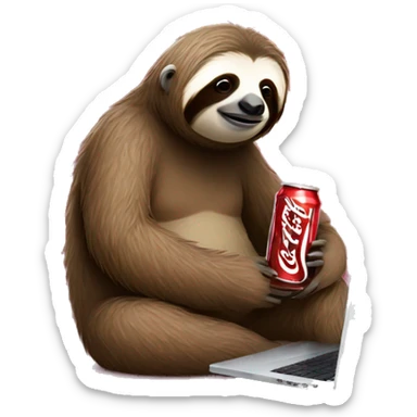 tired sloth with coca cola can and laptop sticker