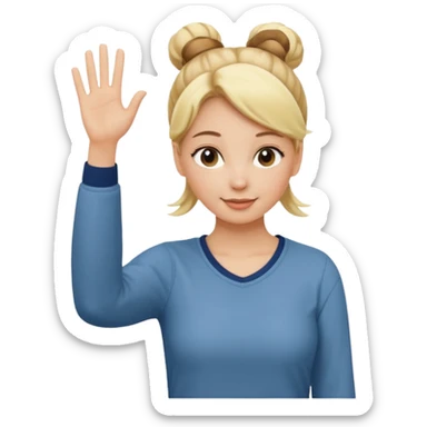 blonde woman with bun in casual clothes waving sticker