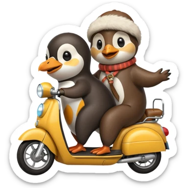 Penguin and otter on moped sticker