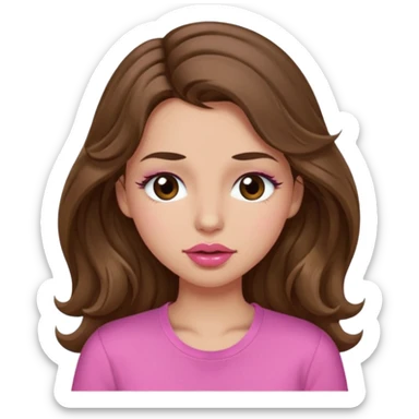 girl with long wavy brown hair, brown eyes, light to medium complexion, in a pink shirt, pink lips, long lashes, puckering lips kissing, winking with one eye closed sticker