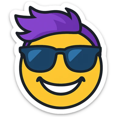 Edit the emoji to have more vibrant colors, add cool sunglasses as an accessory, and give a big cheerful smile. The style should be minimalistic with bold lines, bright colors, and playful, resembling an emoji style with no background. sticker