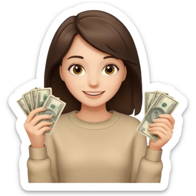 brunette girl in beige sweater happy with money in hands sticker