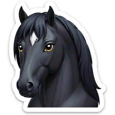 Cinematic Noble Black Horse Portrait Emoji, Poised and regal, with a strong, athletic build and a sleek, well-groomed jet-black fur, deep-set soulful dark eyes, Simplified yet sharp and sophisticated features, highly detailed, glowing with a soft, dignified glow, high shine, intelligent and commanding, stylized with an air of mysterious grace, focused and attentive, soft glowing outline, capturing the essence of a watchful and confident steed, so majestic it feels as though it could gallop out of the screen with effortless authority! sticker