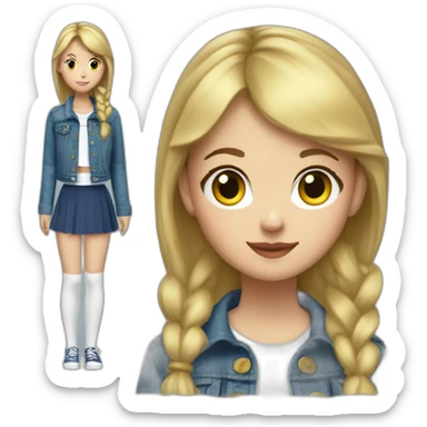 Blonde girl with bang and short pony tail, in blue denim jacket, white T-shirt, green tights and elongated blue chiffon skirt sticker