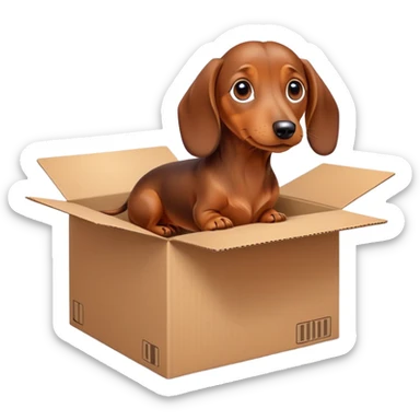  A very cute young Dachshund  with one's head tilted to one side poked its paws out of the cardboard big box and placed them on top of it sticker