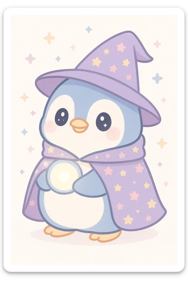 a chubby penguin wizard with a starry cloak and a glowing orb, in a soft, rounded illustration style sticker