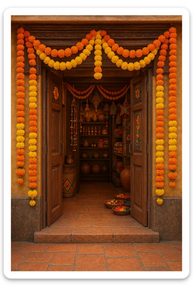 an Indian shop decorated with marigold garlands, open door, welcoming, no text sticker