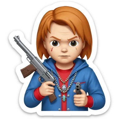 Chuky con pistola encapuchado y con collares sticker