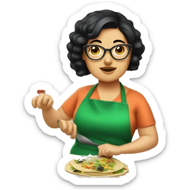 chubby lady with black hair green apron  with glasses cooking tacos sticker