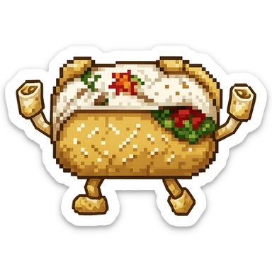 Change the hands so they are made of small burritos, pixel art style, no background sticker