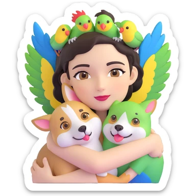Dark short hair, dark brown eyes with pale skin and thin eyebrows girl hugging a welsh corgi. And a green-reddish lovebird on her head with yellow, blue love birds around her. sticker