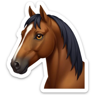 Cinematic Noble Bay Horse Portrait Emoji, Poised and regal, with a strong, athletic build and a rich, well-groomed bay fur accented by a dark mane and tail, deep-set soulful amber eyes, Simplified yet sharp and sophisticated features, highly detailed, glowing with a warm, dignified glow, high shine, intelligent and majestic, stylized with an air of equine elegance, focused and attentive, soft glowing outline, capturing the essence of a watchful and confident steed, so majestic it feels as though it could gallop out of the screen with effortless authority! sticker