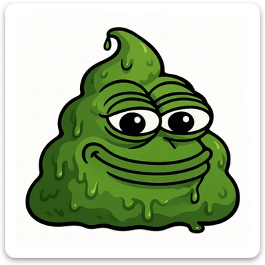 Make this green, goopy AI slop emoji look more like the classic poop emoji shape, but keep the green color and goopy, slimy texture. Add a mischievous, silly face in the style of Pepe the Frog meme. sticker