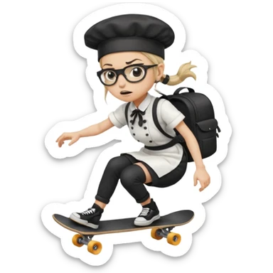 ["An angry woman with light skin, ponytail, wearing a chef hat and square glasses, dressed in goth fashion, is skateboarding while holding a backpack."] sticker