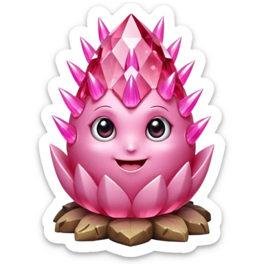 A single cute pink crystal cluster character, chunky round base with many tall rose-pink crystal spikes growing upward like a quartz cluster, faceted and slightly imperfect, on the front of the base a kawaii face with big shiny eyes and a happy open smile sticker
