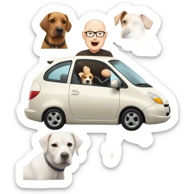 A bald man in his 50s driving a Prius filled with a bunch of dogs sticking their heads out of the windows sticker