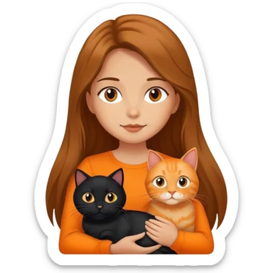 A long-haired girl holding a black cat and an orange cat sticker