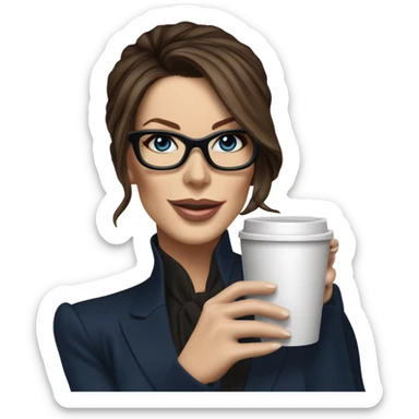 Hyper Realistic Kate Beckinsale dark blue eyes wearing glasses in a business dress drinking coffee happy  sticker