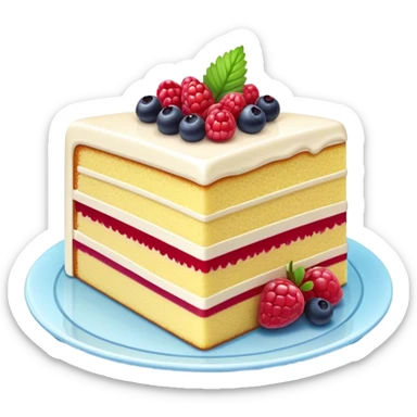 Cinematic luxurious slice of cake, delicate layers of moist sponge and rich frosting, beautifully decorated with fresh berries and a glossy glaze, soft glowing light, elegant and indulgent. sticker