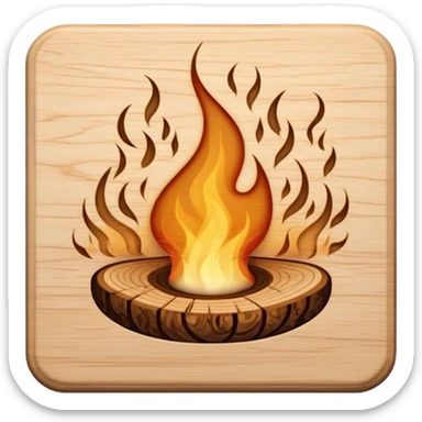 Pyrography icon, piece of wood with half-burned intricate patterns, pyrography tool emitting heat, visible burn marks and ongoing design process, smoke rising from the wood, wood texture, minimalistic style, clean lines, transparent background. sticker